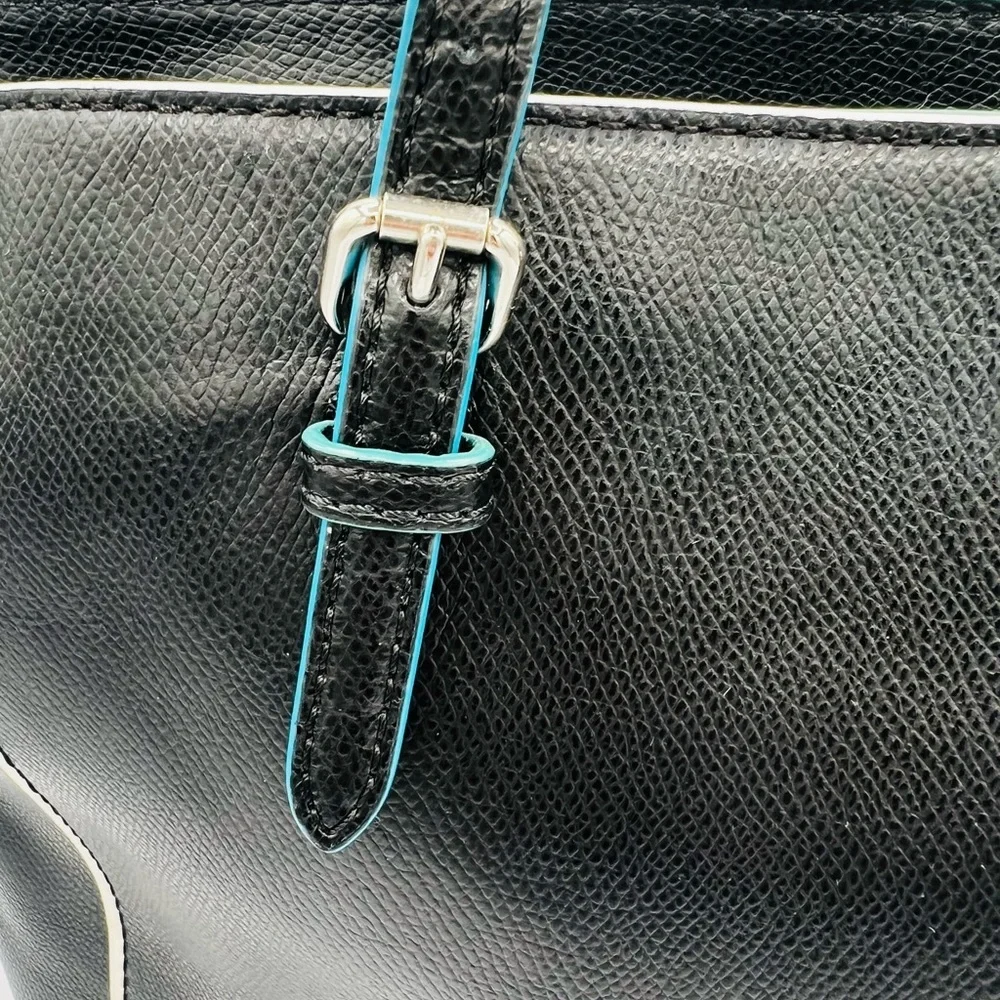 Coach Black and Turquoise All Leather Tote - White Accents & Silver Hardware